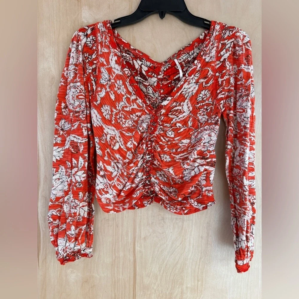 Ruched V-Neck Floral Long-Sleeve Top in Orange